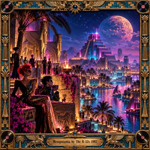 A surreal Mesopotamian city glows beneath a giant violet moon, its towering ziggurat outlined in electric pink and blue. Fashionable figures lounge beside ancient winged statues while sailboats drift along a shimmering river. Palm trees, golden temples, and ornate bronze framing blend ancient grandeur with playful 1980s neon glamour.