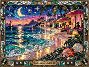 A luminous stained glass mosaic depicts a tropical beach resort beneath a crescent moon and sparkling stars. Turquoise waves curl along golden sands, while vibrant cabanas, palm trees, and silhouetted visitors create a playful atmosphere. Ornate bronze framing, mirrored disco balls, seashells, and glowing reflections evoke nostalgic 1980s glamour.