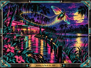 A luminous junebug sweeps across a moonlit Southern marsh, trailing golden sparks above a neon roadhouse and vintage car. Pink, turquoise, and violet reflections shimmer along a winding wet road and quiet water. Bold screenprint textures, tropical silhouettes, and an ornate metallic frame create a playful, electric nighttime atmosphere.