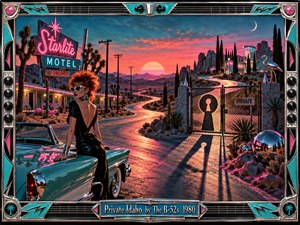 A glamorous red-haired woman leans against a turquoise convertible outside a neon-lit desert motel. A winding road leads through purple mountains toward a mysterious gated compound beneath a blazing sunset. Chrome reflections, spiky plants, pink flamingos, and elongated shadows evoke surreal 1980s glamour, enclosed by an ornate metallic frame.