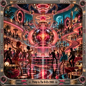 A dazzling retro-futuristic nightclub pulses with neon pink, turquoise, and golden light. Glamorous dancers surround a glowing chrome energy sphere beneath spiraling illuminated rings. Curved balconies, tropical palms, and shimmering reflections create a lively cosmic atmosphere. Intricate metallic framing and vintage speaker details complete this exuberant digital artwork.