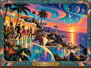 A dazzling retro-futuristic seaside resort glows beneath swirling pink, turquoise, and orange skies. Fashionable figures dance along curved terraces overlooking shimmering pools and a sparkling ocean. Palm trees, flying birds, celestial starbursts, and saucer-shaped towers enrich the joyful acrylic painting, surrounded by an ornate chrome-trimmed frame.