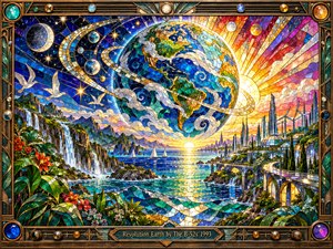 A radiant stained glass Earth floats above a shimmering ocean, surrounded by swirling celestial rings, stars, and golden sunlight. Lush waterfalls, tropical flowers, sailboats, and futuristic architecture create a hopeful vision of renewal. Brilliant turquoise, emerald, cobalt, and amber mosaics glow within an ornate bronze frame featuring engraved lettering.