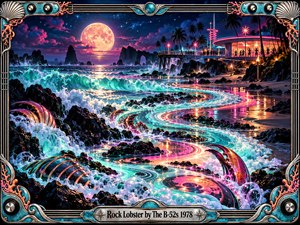 A surreal moonlit coastline pulses with neon turquoise surf and sweeping ribbons of pink light. Jagged black rocks, curling metallic sea shapes, and a glowing beachfront dance pavilion create playful tension beneath a giant amber moon. Intricate digital detailing and a chrome coral-studded frame evoke eccentric late-1970s energy.