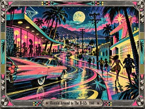 A moonlit coastal boulevard winds through a vibrant retro city, where energetic figures race past glowing nightclubs and a pink vintage car. Palm trees, neon signs, and distant mountains complete the scene. Electric turquoise, yellow, and magenta dominate the textured screenprint artwork, surrounded by an elaborate chrome frame.