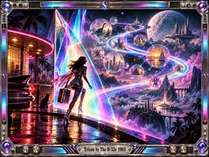 A fashionable traveler approaches a glowing prism beside a neon roadside diner and vintage car. An S-shaped ribbon of light winds through floating time bubbles toward futuristic cities beneath an enormous moon. Electric pink, cyan, and violet illuminate this playful, mysterious retro-futurist digital artwork, enclosed in an elaborate chrome frame.