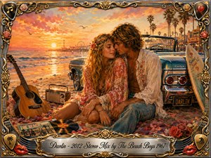 Kung Fu Hand Painting - A romantic hippie couple embraces on a sunlit California beach beside a vintage convertible, acoustic guitar, radio, roses, and vinyl records. Warm coral, gold, turquoise, and peach tones glow beneath a dramatic sunset. Rich painterly textures, nostalgic boardwalk details, and an ornate musical frame create a tender, dreamy 1960s atmosphere.