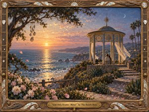SongData_GodOnlyKnowsMono_TheBeachBoys_1966 A romantic coastal sunset surrounds a small open pavilion where two figures sit quietly above the sea. Warm gold light reflects across blue water beneath a lavender sky and crescent moon. Painted in richly textured oils, the scene features roses, drifting petals, billowing curtains, shell chimes, and an ornate handcrafted wooden frame.