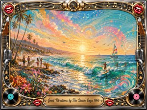 Kung Fu Hand Painting - A radiant California beach sunset unfolds in vivid impressionistic color, with surfers riding turquoise waves beneath swirling musical notes and psychedelic ribbons of pink, gold, and blue. Palm trees, flowers, sailboats, and glowing reflections create a joyful, carefree mood, framed by ornate chrome, gold filigree, microphones, records, guitars, and smiling red lips.