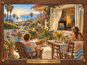 Kung Fu Hand Painting - A sunlit California coastal patio glows with relaxed 1960s warmth as friends enjoy a quiet morning beside flowers, a dog, bicycle, surfboard, and spinning records. Golden light, turquoise ocean, coral accents, and lush greenery create an uplifting mood, rendered in richly textured oil-and-gouache style within a handcrafted musical wood frame.