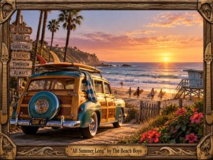 Kung Fu Hand Painting - A nostalgic California beach glows beneath a golden sunset, centered on a vintage turquoise wood-paneled station wagon carrying surfboards. Palm trees, surfers, a lifeguard tower, hibiscus, and rolling waves create a carefree summer atmosphere. Warm orange, teal, and coral tones shine within an ornate carved wood-and-metal frame.