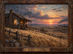 Kung Fu Hand Painting - A weathered frontier cabin overlooks a vast golden prairie at sunset, while a distant steam train curves through the landscape beneath dramatic violet and amber clouds. Warm window light contrasts with the fading sky, creating a nostalgic, restless mood. Rich oil-paint textures, rustic fencing, carved wood, and brass framing add handcrafted depth.