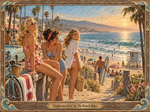 Kung Fu Hand Painting - A sun-drenched vintage beach tableau shows three glamorous young women overlooking a lively California shore at golden hour, framed by palms, surfers, a lifeguard tower, and a glowing pier. Warm coral, turquoise, and honeyed light animate the painterly oil-like brushwork, while the ornate weathered frame and engraved title plate deepen its nostalgic charm.