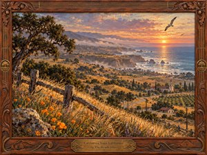 Kung Fu Hand Painting - A richly detailed California coastal panorama unfolds at sunset, with golden hills, wild poppies, weathered fencing, oak trees, distant mountains, and a mission church overlooking the Pacific. Warm amber light meets cool blue water beneath glowing clouds and circling gulls. A carved wooden frame with brass accents completes the nostalgic handcrafted oil-painting style.