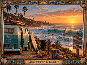 Kung Fu Hand Painting - A nostalgic California surf scene glows beneath a golden-orange sunset, with a turquoise vintage van, stacked surfboards, palms, rugged cliffs, and surfers riding luminous blue-green waves. Warm cinematic light, weathered wood textures, coastal vegetation, and playful roadside signs create an upbeat 1960s atmosphere, framed by handcrafted nautical carvings and a brass title plate.