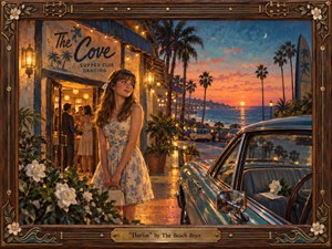 Kung Fu Hand Painting - A young woman waits outside a glowing seaside supper club at sunset, framed by gardenias, palms, and a gleaming vintage car. Warm amber lights contrast with coral, turquoise, and deep blue twilight. Textured oil-and-gouache brushwork, reflective chrome, ocean views, and an ornate guitar-inspired wooden frame create a tender, nostalgic romantic mood.