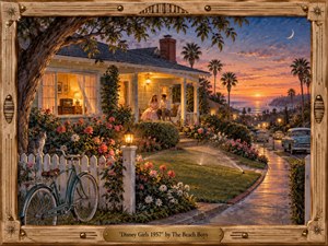 Kung Fu Hand Painting - A nostalgic 1950s California evening unfolds around a flower-filled cottage overlooking the ocean, where a young couple sits quietly on the porch. Warm amber lamplight contrasts with lavender-blue twilight, vintage cars, palm trees, a bicycle, sprinklers, and a crescent moon, all rendered in richly detailed, romantic painterly realism.