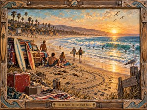 Kung Fu Hand Painting - A nostalgic California beach glows beneath a golden sunset, where surfers, friends, a weathered woody wagon, boards, radio, and blankets evoke carefree summer memories. Warm amber light reflects across turquoise waves and wet sand. Rich painterly textures, coastal details, and a handcrafted wooden musical frame create a vivid, affectionate 1960s atmosphere.