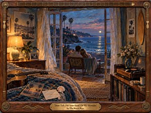 Kung Fu Hand Painting - A moonlit California bedroom opens onto a sweeping coastal view, where a couple sits quietly together beneath palms and glowing shoreline lights. Warm amber lamplight contrasts with deep ocean blues and violet dusk. Rich painterly textures, vintage furnishings, records, guitar, seashells, and a carved musical frame create intimate, nostalgic romance.