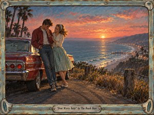 Kung Fu Hand Painting - A tender young couple stands beside a cherry-red vintage car on a cliffside coastal overlook at sunset, the girl gently reassuring the boy as golden light washes the ocean and curving shoreline. Painted in a richly textured, nostalgic oil style, the scene glows with coral skies, palm silhouettes, weathered details, and a retro decorative frame.