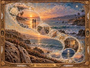Kung Fu Hand Painting - A romantic California coastline unfolds beneath glowing sunset and moonlight, shaped by an elegant S-curve of translucent memory bubbles containing lovers, roses, a footbridge, seashells, rings, and a welcoming cottage. Warm golds, ocean blues, and pearly highlights enrich the textured painterly surface, enclosed by an ornate carved wooden frame.