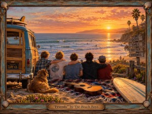 Kung Fu Hand Painting - Five friends sit arm in arm above a sunlit California beach, surrounded by a vintage wood-paneled wagon, surfboards, guitar, blanket, and resting dog. Warm orange-gold sunset light washes the ocean and cliffs, creating a nostalgic, affectionate mood. Detailed painterly realism, weathered textures, coastal flowers, and a handcrafted nautical frame reinforce the 1960s surf-era atmosphere.