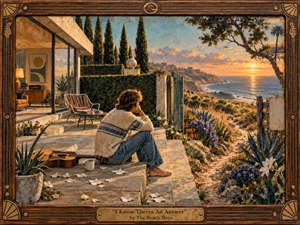 Kung Fu Hand Painting - A solitary young man sits thoughtfully on sunlit stone steps above the California coast, framed by a warm handcrafted wooden border. Golden sunset light washes the ocean, cliffs, wildflowers, and modern hillside home. A resting guitar, scattered petals, textured foliage, and quiet posture create an introspective, searching mood in richly detailed painterly realism.