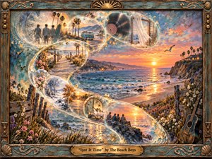 Kung Fu Hand Painting - A richly textured coastal sunset unfolds through a sweeping S-curve of luminous memory bubbles, blending surfers, palm-lined roads, ocean paths, seasons, clocks, and a spinning record. Warm gold, coral, turquoise, and weathered blue create a nostalgic mood, while handcrafted paint textures, glowing reflections, wildflowers, and an ornate seaside frame deepen the dreamlike atmosphere.