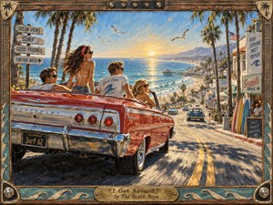 Kung Fu Hand Painting - A sunlit 1960s California coast unfolds behind a gleaming red convertible filled with carefree young travelers. Warm gold, turquoise, coral, and weathered chrome create an exuberant seaside mood. Painterly textures, palm trees, surfboards, ocean reflections, distant hills, and a handcrafted musical frame evoke motion, freedom, youth, and nostalgic adventure.