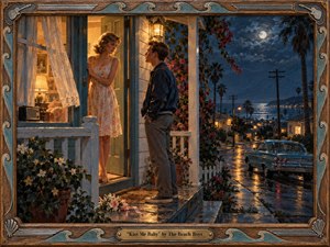 Kung Fu Hand Painting - A young couple lingers on a flower-lined coastal porch beneath a luminous moon, suspended between tenderness and uncertainty. Warm amber doorway light contrasts with deep blue night, wet pavement, palms, and a vintage car. Rich painterly textures, carved wood framing, wave motifs, and the engraved title plate create nostalgic 1960s romance.