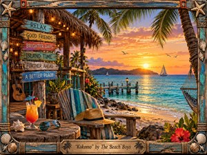 Kung Fu Hand Painting - A glowing tropical shoreline at sunset surrounds a rustic beach retreat overlooking turquoise water, sailboats, palms, and distant islands. Warm amber light, coral skies, weathered wood, shells, rope, flowers, and relaxed seaside objects create a nostalgic, carefree mood. The richly textured illustrative style feels handcrafted, vibrant, inviting, and warmly romantic.