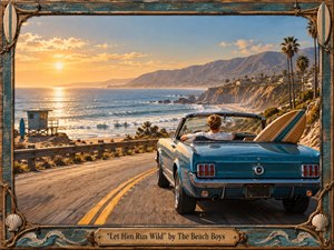 Kung Fu Hand Painting - A teal vintage convertible follows a sunlit coastal highway above a sparkling Pacific beach, carrying a surfboard toward the glowing horizon. Warm gold, turquoise, and weathered wood create a nostalgic, carefree mood. Painterly realism, dramatic sunset light, palm-lined cliffs, rolling surf, and a handcrafted nautical frame evoke youthful freedom and 1960s California.