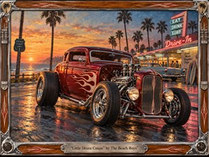 Kung Fu Hand Painting - A gleaming deep-red hot rod dominates a coastal boulevard at sunset, framed by palms, ocean light, and a glowing retro drive-in. Warm oranges, pinks, turquoise, and chrome reflections create nostalgic energy. Painterly textures, wet pavement, flame detailing, exposed engine parts, surfboards, and a handcrafted wood-and-metal frame enhance the period atmosphere.