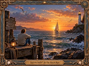 Kung Fu Hand Painting - A solitary figure sits on a weathered pier overlooking a sailboat crossing a restless sea toward a glowing sunset. Warm orange light contrasts with deep blue water, rugged rocks, and a distant lighthouse. The richly textured nautical artwork feels reflective and hopeful, framed by ropes, shells, carved wood, compass details, and aged maritime ornamentation.