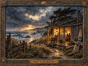 Kung Fu Hand Painting - A weathered coastal cottage glows warmly against a storm-darkened sea, offering refuge amid wind, rain, and crashing waves. Golden lamplight spills across the wet path and porch, contrasting with slate blues and gray clouds. Rich impasto textures, windswept grasses, seabirds, driftwood, and an ornate nautical wooden frame create a nostalgic, handcrafted atmosphere.