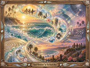 A luminous California seascape flows through a sweeping S-curve of waves, bubbles, palms, surfers, studio equipment, and coastal memories. Golden sunset fades into lavender twilight, creating a joyful, dreamy mood. Textured brushwork, pearlescent highlights, turquoise water, coral skies, and an ornate wood-and-metal frame evoke handcrafted 1960s psychedelic surf-pop energy.