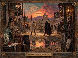 A surreal Western town glows beneath a fiery sunset as two opposing figures face off in a dusty plaza. Warm amber, rust, teal, and crimson tones heighten the theatrical tension. Painted in richly textured vintage oil style, the scene features ghostly faces, carnival details, lanterns, reflections, symbolic objects, and an ornate carved frame.