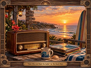 Kung Fu Hand Painting - A glowing vintage radio anchors a nostalgic coastal terrace overlooking a golden Pacific sunset. Warm amber light, weathered wood, hibiscus, vinyl records, a surfboard, seashell, and striped towel evoke relaxed California memories. Photorealistic detail, rich textures, ocean reflections, and an ornate retro-radio frame create a warm, hopeful, handcrafted atmosphere.