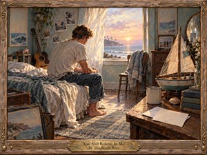 A contemplative young man sits barefoot on an unmade bed in a weathered seaside room, gazing toward a glowing ocean sunrise. Soft gold, seafoam, cream, and faded blue tones create a tender, nostalgic mood. Painterly textures, drifting curtains, an acoustic guitar, model sailboat, photographs, and rustic furnishings deepen the intimate atmosphere.