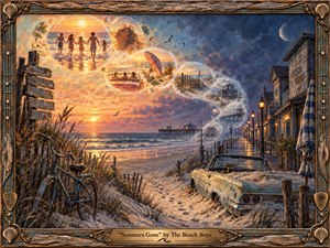 Kung Fu Hand Painting - A nostalgic seaside scene blends fading summer memories into a moonlit coastal evening. Warm gold, coral, and turquoise dissolve into deep blue shadows as translucent bubbles trace an S-shaped path through remembered beach moments. Weathered bicycles, an abandoned convertible, glowing lamps, dunes, and a distant pier enrich the handcrafted, painterly atmosphere.