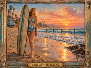 Kung Fu Hand Painting - A young surfer stands beside a weathered longboard on a glowing California beach at sunset, framed by palms, rolling waves, distant surfers, and a pier. Warm coral, gold, turquoise, and sandy tones create a romantic, nostalgic mood, rendered in richly textured painterly detail within a distressed wooden, guitar-inspired decorative frame.