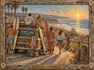 Kung Fu Hand Painting - A sunlit 1960s California surf scene shows young friends gathered around a weathered wood-paneled wagon overlooking a sparkling beach. Golden light, turquoise waves, faded surfboards, palm trees, seabirds, and sandy cliffs create a carefree, nostalgic mood. Painterly textures, warm earth tones, and a rustic carved frame evoke handcrafted vintage Americana.