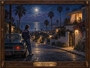 Kung Fu Hand Painting - A solitary young man stands beside a dark vintage car on a moonlit coastal street, gazing toward a warmly lit balcony. Deep blues, silver reflections, and amber windows create a wistful, romantic mood. Painterly textures, palm silhouettes, wet pavement, ocean shimmer, and the carved musical frame evoke nostalgic 1970s California longing.