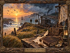 Kung Fu Hand Painting - A solitary trader overlooks a rugged coastal outpost at sunset, framed by weathered timber, ropes, compass motifs, and maritime tools. Golden light warms the sea and grasses while storm clouds, smoke, and distant industry darken the horizon. Rich oil-and-encaustic textures create a reflective, uneasy atmosphere of beauty, ambition, and consequence.