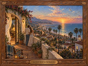 Kung Fu Hand Painting - A couple stands quietly on a flower-draped Mediterranean-style terrace overlooking a glowing coastal town and calm ocean at sunset. Warm amber lights mingle with coral, blue, and lavender skies, creating a romantic, expansive mood. Richly textured painterly brushwork, palms, tiled roofs, seabirds, carved wood, and a brass title plate complete the nostalgic scene.