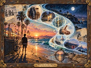 Kung Fu Hand Painting - A barefoot boy stands beside a bicycle and surfboard on a glowing California beach, contemplating a luminous S-curve of floating memories and future possibilities. Warm sunset oranges merge into deep moonlit blues, while rings, roads, homes, and distant city lights suggest adulthood. Richly textured, painterly realism and a weathered musical frame deepen the nostalgic, reflective mood.