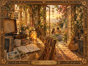 Kung Fu Hand Painting - A warmly painted California cottage glows in golden sunset light, opening onto a lush seaside garden where a couple rests near the ocean. Honeyed amber, green, coral, and cream tones enrich the nostalgic scene. Records, flowers, a guitar, surfboard, handwritten keepsakes, and an ornate carved frame create an intimate, handcrafted 1960s atmosphere.