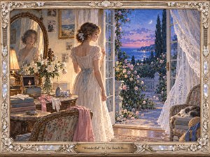 Kung Fu Hand Painting - A young woman in a delicate lace dress pauses beside open French doors, gazing toward a moonlit garden and distant sea. Warm lamplight blends with cool blue-violet twilight, creating a tender, wistful mood. Painted in richly textured watercolor and gouache, the scene is framed with ornate floral carving and pearl-like details.