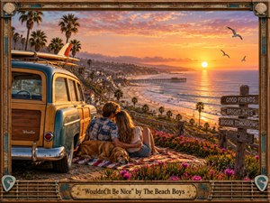 Kung Fu Hand Painting - A young couple and their dog relax beside a vintage wood-paneled surf wagon overlooking a glowing California coastline at sunset. Warm oranges, pinks, and ocean blues bathe palm trees, beaches, and a distant pier. Romantic, nostalgic, photorealistic detail fills the scene, framed by weathered wood, musical accents, flowers, and hopeful signposts.