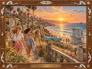 Kung Fu Hand Painting - A glowing, nostalgic beach scene shows three carefree young women strolling a flower-lined boardwalk above a sunlit California shore at sunset. Painted in warm, textured oil style, the composition layers palms, surfboards, a vintage convertible, rolling waves, and a distant pier within an ornate wooden frame crowned by a brass title plate.